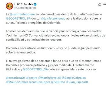 La USO dice que Colombia necesita de los hidrocarburos y no puede seguir perdiendo soberanía energética - crédito @usofrenteobrero/X