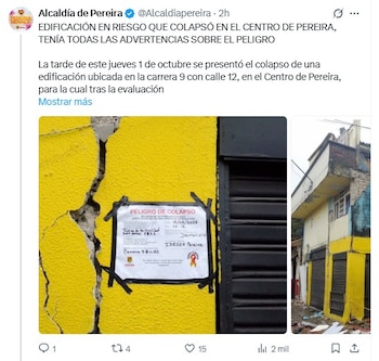 La Dirección de Gestión del Riesgo de Desastres declaró la edificación no habitable tras la evaluación realizada el 16 de agosto - crédito @Alcaldiadepereira/X