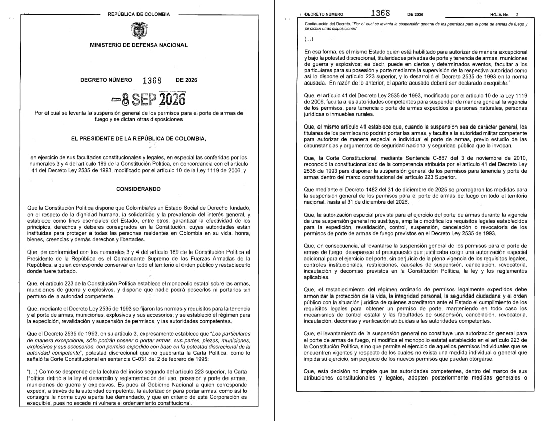 El Decreto 1368 de 2026 en Colombia levantó la suspensión general de los permisos de porte de armas, pero mantuvo los requisitos legales y administrativos para la autorización individual - crédito Dapre