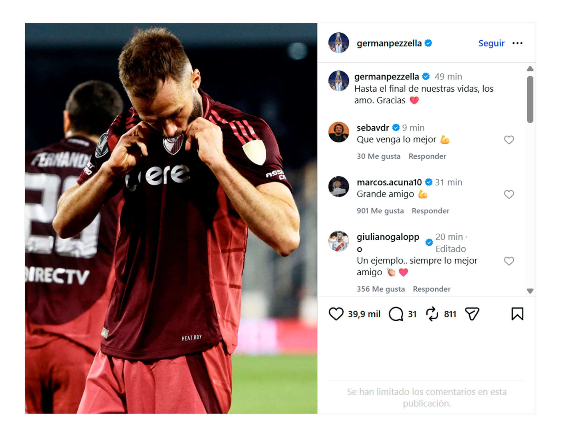 El posteo de Pezzella y los comentarios de sus compañeros