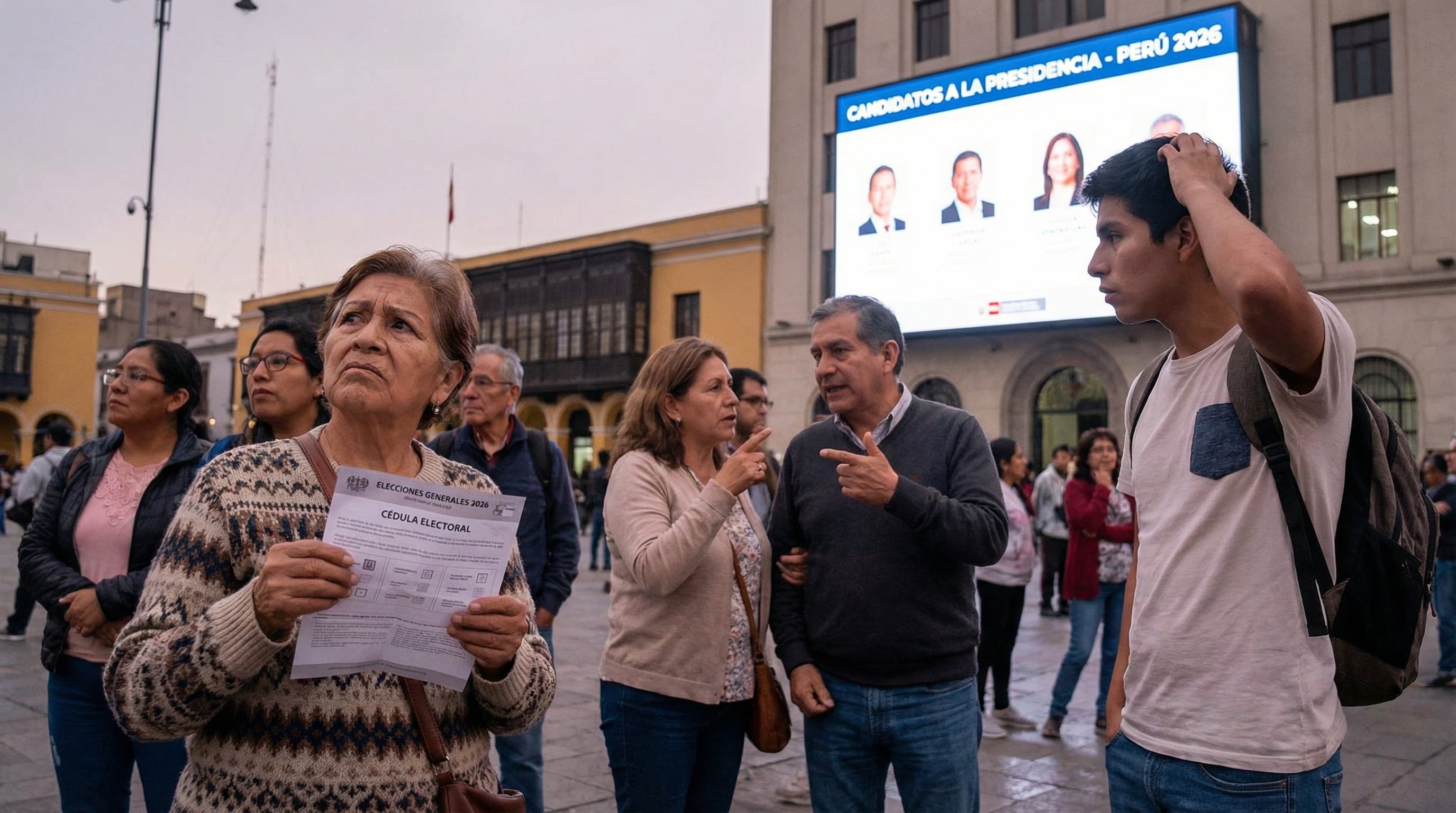 Ciudadanos peruanos con cédulas electorales en mano muestran indecisión y reflexión ante una gran pantalla que exhibe los