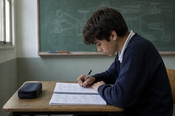 Joven de perfil sentado frente a un banco de madera que escribe en un cuaderno abierto junto a una cartuchera y un pizarrón verde.