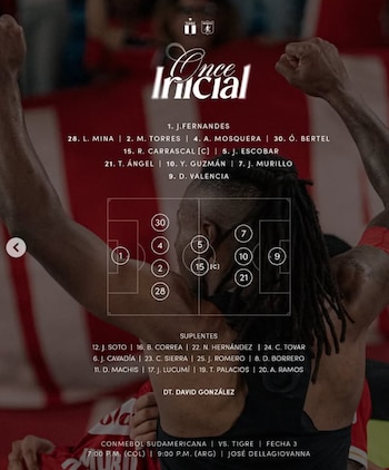 Once inicial de América de Cali para enfrentar a Tigre de Argentina por la tercera fecha de la Copa Sudamericana - @americadecali/Instagram