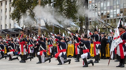 65 fotos del primer cambio de guardia conjunto de los regimientos Granaderos, Patricios e Iriarte en Plaza de Mayo