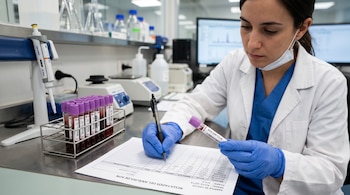 Una mujer con bata blanca y guantes azules escribe en un papel sobre una mesa de laboratorio junto a tubos de ensayo con sangre.