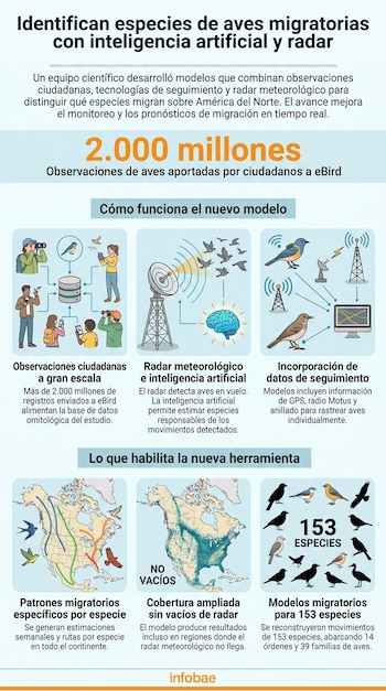 Infografía que explica cómo la inteligencia artificial y el radar identifican especies de aves migratorias, mostrando observaciones ciudadanas, datos y mapas.