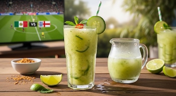 Vaso alto con bebida pepinada, rodaja de pepino, pajita, jarra, limas, tazón con snack, televisor que muestra partido México vs Inglaterra y follaje.