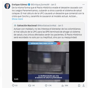 Enrique Gómez arremete contra el Pacto Histórico por incremento de la UOC