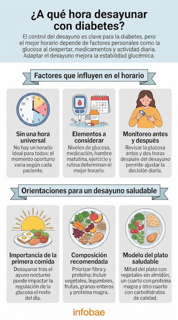 Infografía explicativa con seis recuadros e ilustraciones de relojes, glucómetros, alimentos y platos recomendados para el desayuno.