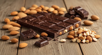 Una tableta grande de chocolate negro con almendras y varias piezas rotas se ven sobre una mesa de madera rústica, rodeadas de almendras enteras y troceadas.