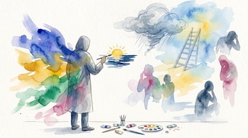 Ilustración acuarela, figura humana con pincel, mural con tormenta, sol, mar, escalera, siluetas, manchas de pintura, materiales artísticos.