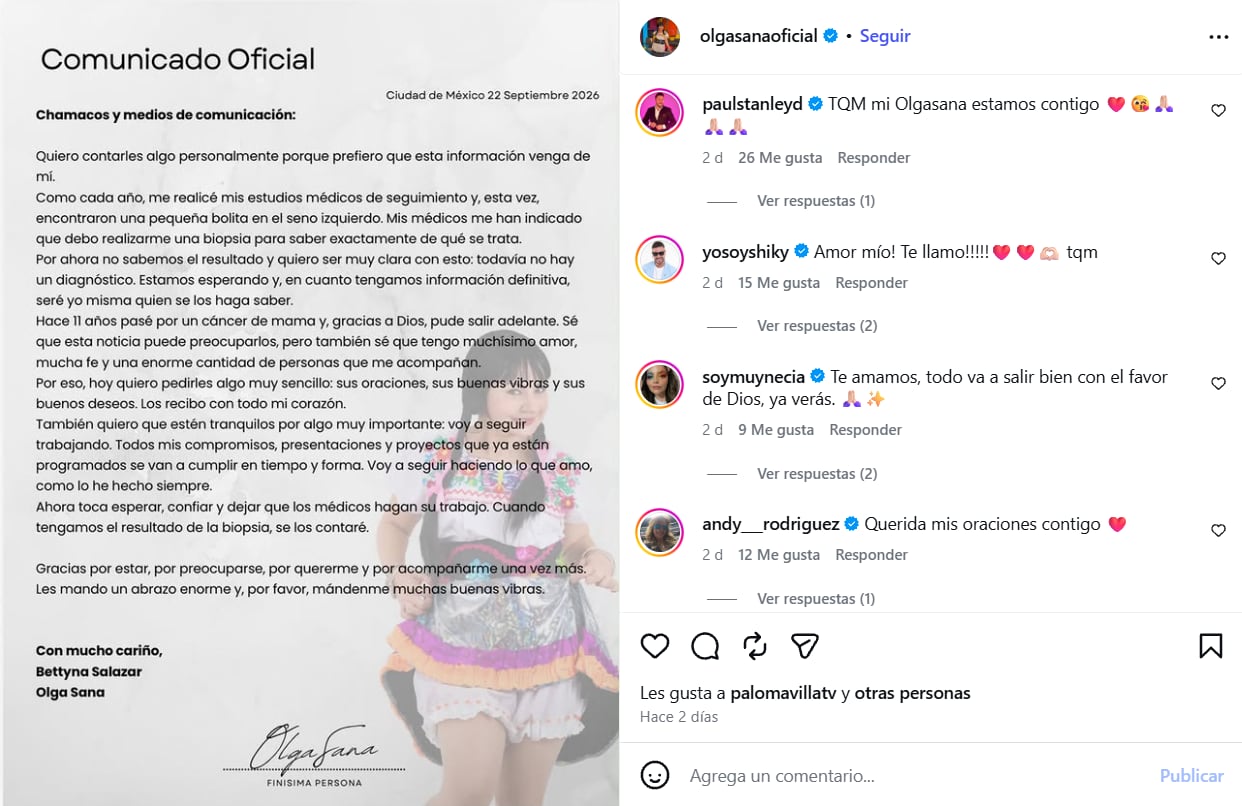 La actriz comediante Bettyna Salazar, conocida como Olga Sana, comparte un comunicado oficial en el que informa que se someterá a una biopsia de seno tras realizarse estudios de seguimiento. (Instagram: Betian Salazar)