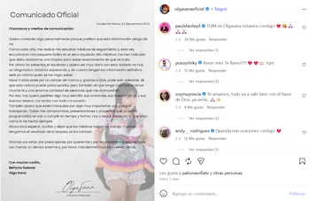Captura de pantalla de una publicación de Instagram con el texto de un comunicado oficial a la izquierda y mensajes de apoyo a la derecha