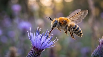 Una abeja con las alas abiertas se suspende frente a una flor morada sobre un fondo vegetal desenfocado.