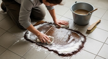 Una persona arrodillada limpia un piso de baldosas con un trapo, usando café molido usado y bicarbonato. Un balde y un cepillo están visibles.