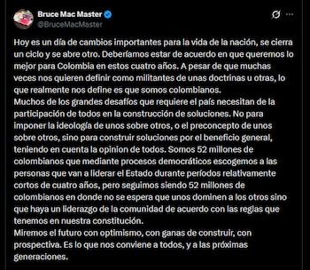 Bruce Mac Master, presidente de la Andi, reclamó un acuerdo básico para los próximos cuatro años y pidió construir soluciones sin imponer doctrinas - crédito @BruceMacMaster/X