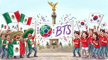 Ilustración de aficionados mexicanos y coreanos en el Ángel de la Independencia. Mexicanos con banderas; coreanos con diademas. Sostienen una pancarta con logos del Mundial 2026 y BTS.