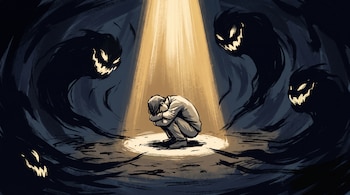 Dibujo de una persona acurrucada bajo una luz vertical dorada, cercada por sombras oscuras con ojos y sonrisas de dientes afilados.