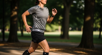 Na orla há uma mulher caminhando no jardim do sol. Ele veste camiseta cinza, short preto, meias de compressão e cinto sensor.