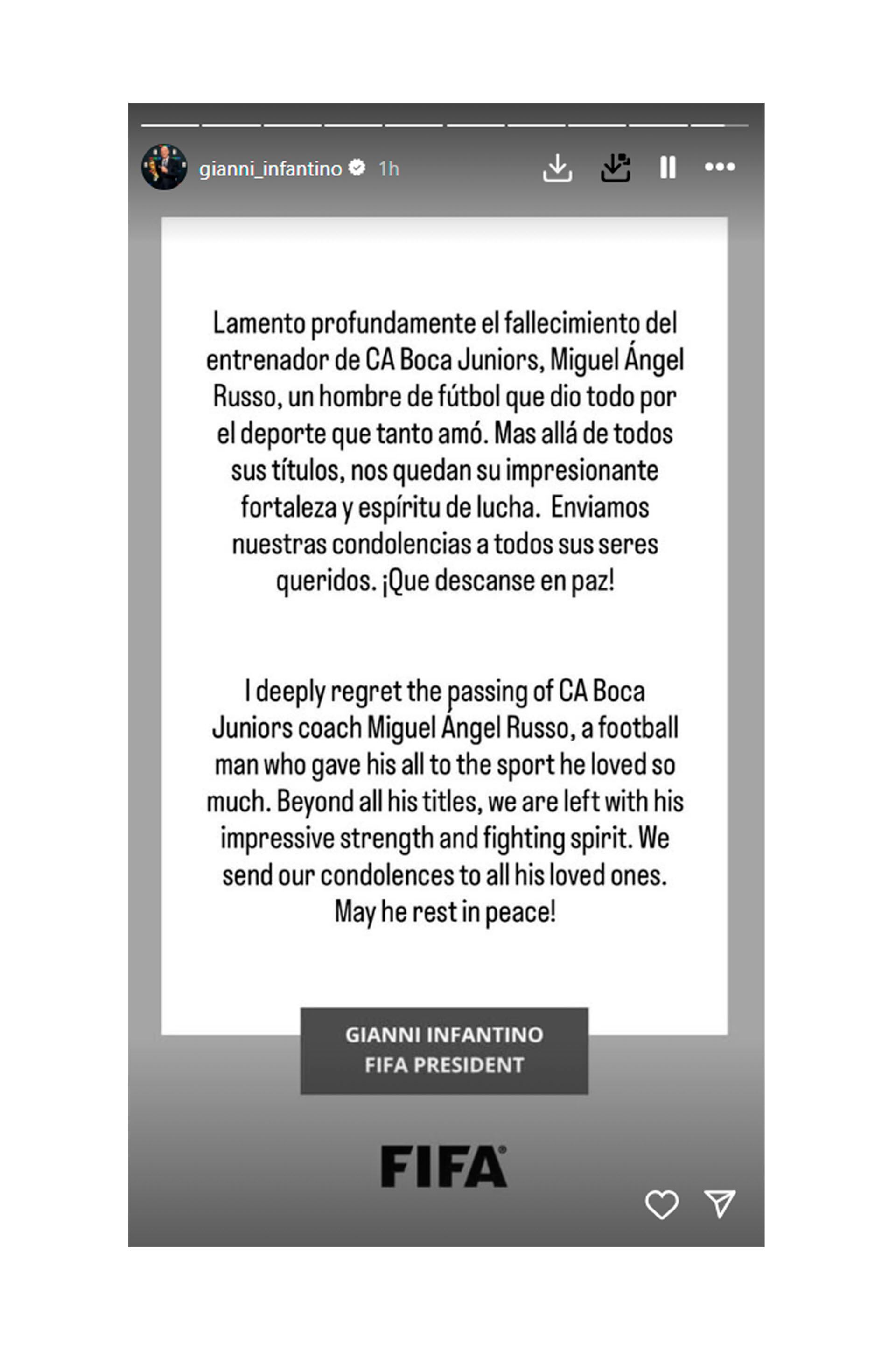 El posteo de Gianni Infantino en sus redes sociales