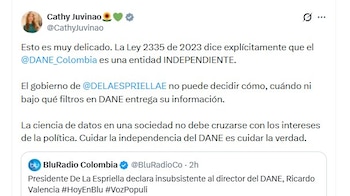 Cathy Juvinao recordó que la Ley 2335 de 2023 establece la independencia del Dane - crédito @CathyJuvinao/X