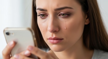 Primer plano de una mujer con el pelo castaño y ojos llorosos, sosteniendo un teléfono móvil con ambas manos y mirando hacia abajo.