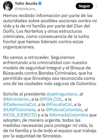 Denuncia de Yahir Acuña sobre amenazas por su Bloque de Búsqueda, en Sincelejo - crédito @YahirAcuna_/X