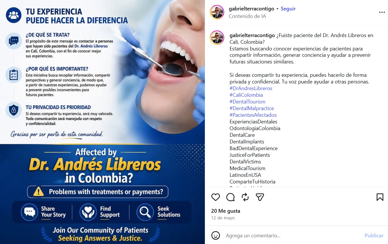 Gabriel Terra sostuvo que Andrés Felipe Libreros le advirtió sobre una supuesta infección con riesgo de cáncer y que el tratamiento pasó de un diseño de sonrisa a procedimientos por 20.200 dólares - crédito Instagram