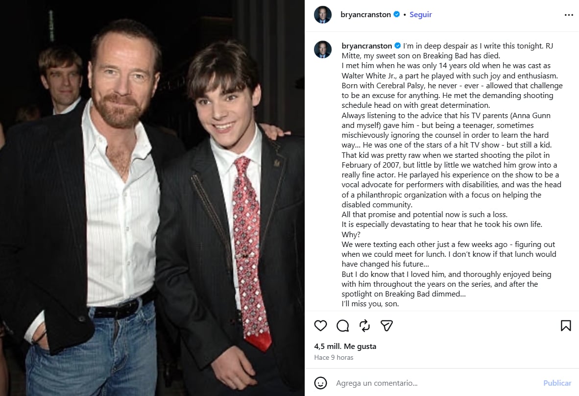 Bryan Cranston despidió a su compañero de reparto y destacó la determinación con la que trabajó en la serie. (Instagram/@bryancranston)