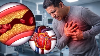 Hombre con camiseta gris se presiona el pecho con la mano derecha, con fondo de sala médica. Incluye círculos con una arteria obstruida y un corazón humano.