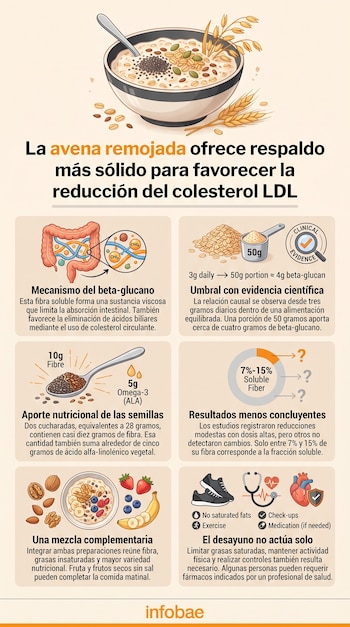 Infografía con un tazón de cereal, esquemas del sistema digestivo, una cuchara con semillas, un gráfico circular e iconos médicos y deportivos.
