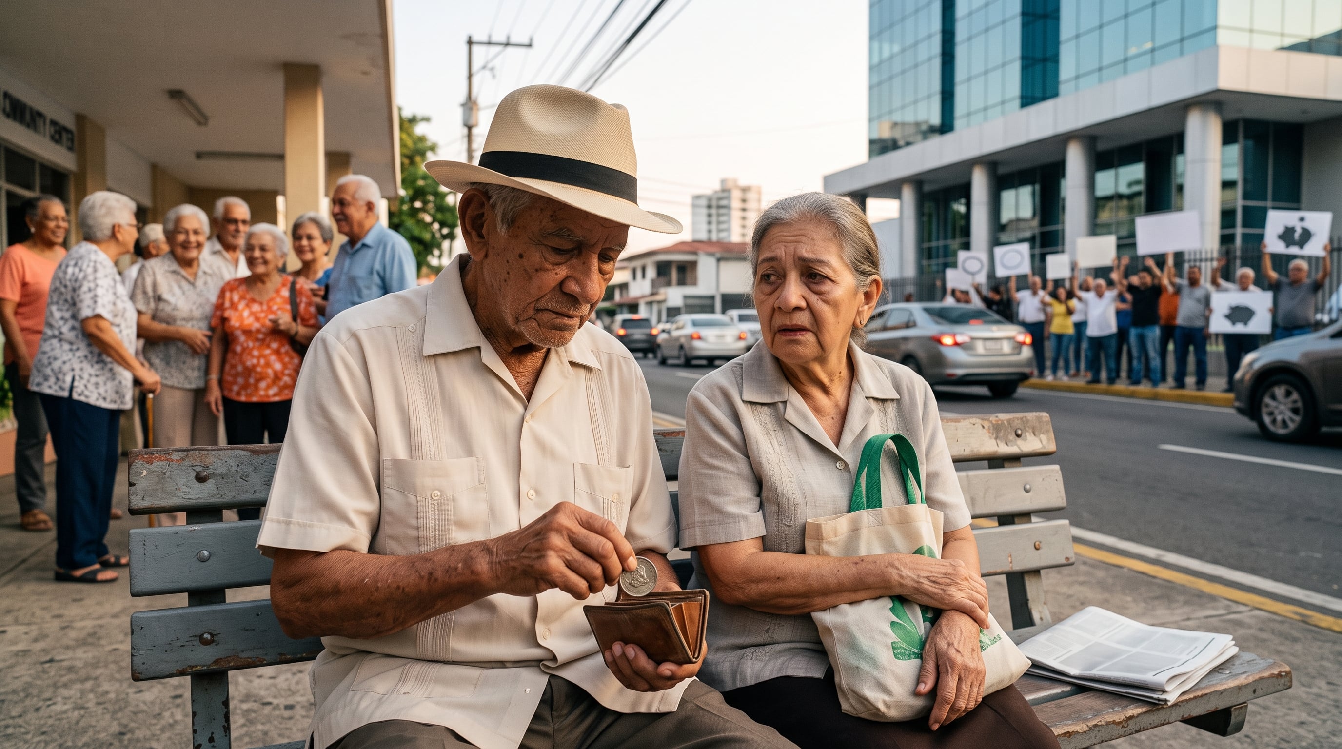 Dos adultos mayores evalúan sus finanzas en una banca urbana ante la situación del sistema de pensiones en Panamá. (Imagen Ilustrativa Infobae)
