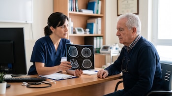 Una médica en uniforme azul sostiene una imagen de tomografía cerebral frente a un hombre mayor sentado al otro lado de un escritorio.