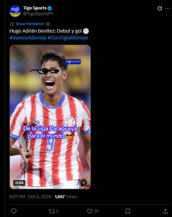 El gol de Hugo Benítez en su debut fue uno de los hechos que más se resaltó por la prensa del Paraguay-crédito @TigoSportsPY/X