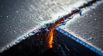 Una superficie metálica oscura y granulada con gotas de agua y una ranura incandescente de color naranja y rojo que la atraviesa diagonalmente.
