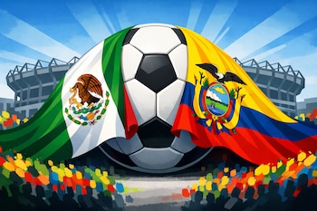 Un balón de fútbol cubierto parcialmente por la bandera de México y la bandera de Ecuador. Al fondo, un estadio y siluetas de público.