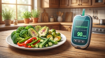Plato con brócoli, alcachofas, pimientos y repollos junto a un glucómetro digital que marca 90 mg/dL sobre una mesa de madera.