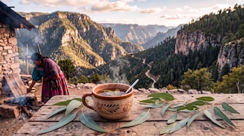 Una taza de cerámica con té humeante y hojas de eucalipto sobre una mesa de madera frente a un paisaje de montañas.