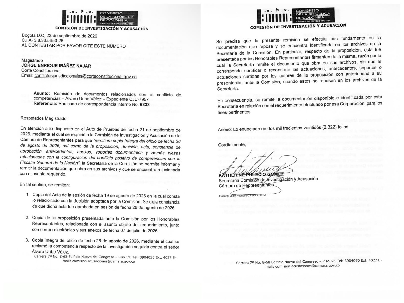 Con esta comunicación, la Comisión de Acusaciones de la Cámara confirmó el traslado folios del caso de Álvaro Uribe a la Corte Constitucional, en pro de que dirima el conflicto de competencias con la Fiscalía - crédito @LaFM/X
