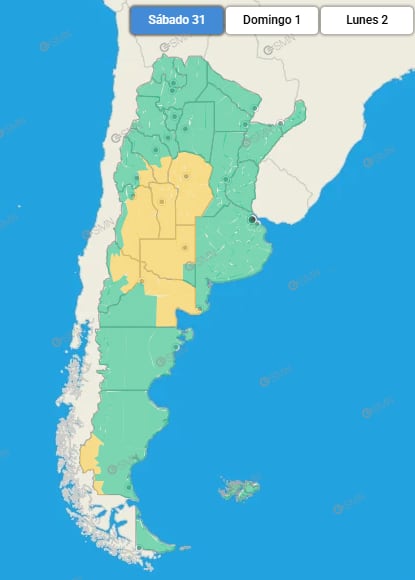 El Servicio Meteorológico Nacional presenta el mapa de alertas para Argentina correspondiente al sábado 31 con áreas bajo nivel amarillo en las regiones central y sur del país.
