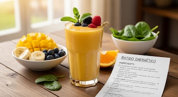 Un vaso de batido de frutas amarillo sobre una mesa de madera, rodeado de ingredientes frescos: mango, plátano, arándanos, espinacas y una receta.