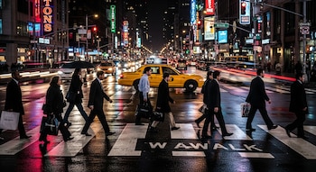 Varias personas con paraguas y bolsos caminan por un cruce peatonal mojado en una calle concurrida de la ciudad por la noche, con taxis y luces de vehículos.