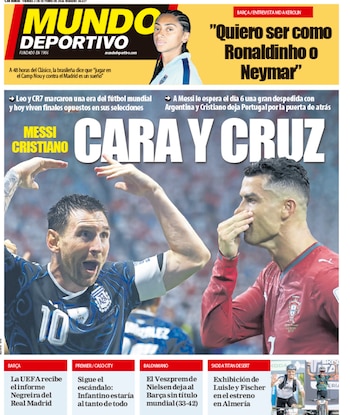 Portada del periódico Mundo Deportivo con el titular Cara y Cruz y fotos de los futbolistas Lionel Messi y Cristiano Ronaldo