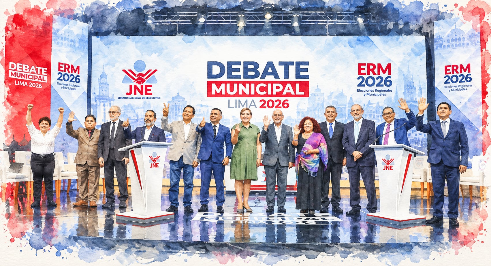 Los candidatos a la alcaldía de Lima posan en el escenario durante la segunda jornada del debate municipal organizado por el Jurado Nacional de Elecciones. (Imagen Ilustrativa Infobae)