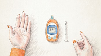 Ilustración a lápiz de dos manos con esmalte de uñas naranja, un glucómetro digital mostrando 8.3 y una jeringa transparente, sobre un fondo claro.