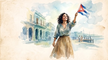 Ilustración en acuarela de una mujer con cabello rizado que sostiene la bandera de Cuba, con edificios coloniales y el mar al fondo.