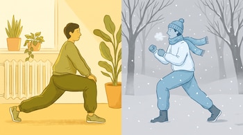 Ilustración dividida verticalmente con persona haciendo estocada en interior con plantas y radiador; a la derecha, misma persona abrigada haciendo ejercicio en la nieve con árboles.