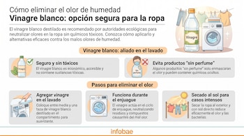Botella de vinagre blanco, lavadora, ropa tendida en un tendedero al sol, mano agregando líquido a la lavadora, iconos de seguro y sin perfume, textos.