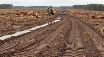 Extenso terreno talado con maquinaria forestal amarilla, caminos embarrados con huellas profundas, charcos de agua y grandes pilas de troncos. Al fondo, un denso bosque.
