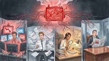 Ilustración de una máquina roja con engranajes conectada mediante cables a cuatro personas en oficinas con computadoras y papeles.